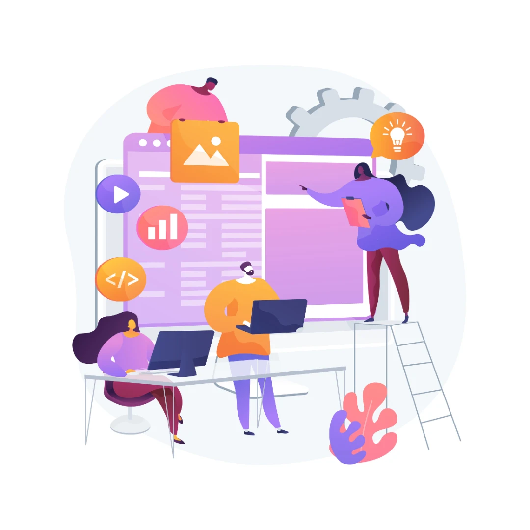 Designers collaborating around large website interface