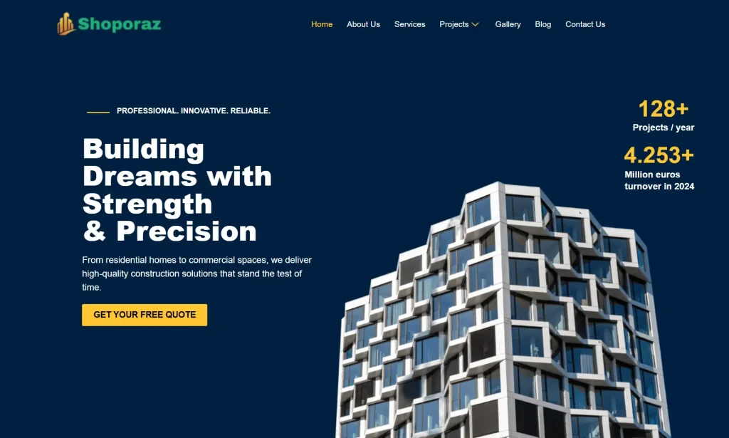 Construction website hero with modern building photo