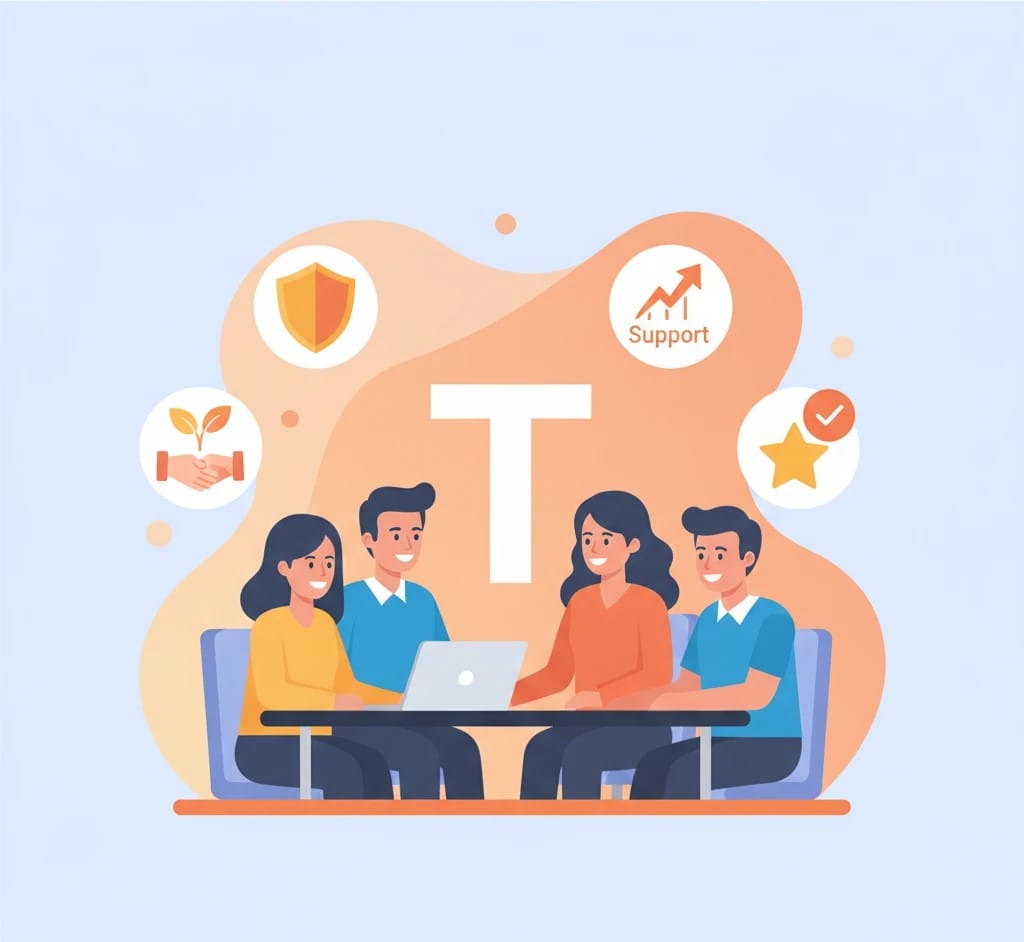 Team meeting illustration with support and trust icons